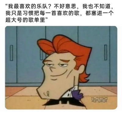 这是一张贴合当代年轻人听歌习惯的图文混排梗图，上方配文精准描绘了一类听歌人群的状态：没有固定喜爱的乐队，只是将所有喜欢的歌曲都收集进一个超大号歌单中；下方是美国卡通频道（Cartoon Network）出品的经典动画《英勇强尼》的主角强尼·布拉沃的截图，他眼神慵懒、面带得意微笑的欠揍神态，与配文结合后，生动展现出这类听歌人随性自在的态度，极易引发同类人群的情感共鸣。