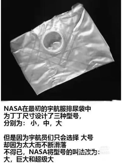 这是一张顶配底文的静态单图，画面上方展示了一个银色的、带有圆形接口的宇航服排尿袋实物，材质看起来是轻薄的塑料类材质，表面有褶皱感；画面下方是黑色的中文文字，讲述了一个关于NASA宇航服排尿袋的搞笑趣事：最初NASA为适配不同尺寸，为排尿袋设计了小、中、大三种对应型号，但所有宇航员都只选择大号，可大号又因为尺寸过大容易滑落，于是NASA将型号名称修改为大、巨大和超级大，用这种反差感制造出幽默效果，调侃了宇航员的选择偏好和型号命名的趣味调整。