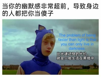 这是一张基于影视截图改编的文字加注类单图梗图，图中上方配有中文文字“当你的幽默感非常超前，导致身边的人都把你当傻子”，主体画面是电影《单亲度假村》中一个穿着蓝色索尼克造型头套与上衣的男孩，他神情落寞地站立着，背景是阴沉的天空与郊外居民区。图中还配有英文文字“The problem of being faster than light is that you can only live in darkness.”及其对应的中文翻译“比光速还快的代价，就是只能生活在黑暗中”。这张图借用索尼克以“速度极快”为标志性设定的特点，将自身“幽默感超前”的状态与之类比，把不被身边人理解、无人共鸣的处境比作“生活在黑暗中”，用自嘲的方式表达了这种不被接纳的无奈与孤独感，没有双关或谐音梗的设计。