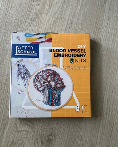 图片展示了一款名为“DIY BLOOD VESSEL EMBROIDERY KITS”的刺绣套件包装盒。盒子采用橙白相间的配色方案，左侧印有品牌标识“AFTER SCHOOL”和手部血管解剖刺绣图案（标注Fig.2），右侧主视觉为一个圆形绣绷，内有人头部侧面的血管解剖刺绣作品（标注Fig.1），使用红、蓝、白等颜色绣线勾勒出复杂的血管网络。包装盒顶部展示了彩色绣线样品，底部标注有“2 DAYS TIME”和“HARD”难度标识。产品宣传语“It's science. It's life, it's art. New embroidery hoop art”体现了将科学解剖与传统刺绣工艺相结合的创意理念。