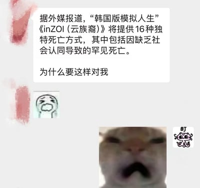 图片为图文混排的游戏吐槽梗图，上方文本框内容为：“据外媒报道，‘韩国版模拟人生’《inZOI（云族裔）》将提供16种独特死亡方式，其中包括因缺乏社会认同导致的罕见死亡。为什么要这样对我”。下方左侧有一个简笔画哭泣表情，中间偏下是一张模糊的猫咪张嘴特写图，右侧有一个卡通“盯”字猫咪图标，整体通过文字与表情包结合，表达对游戏设定的幽默无奈。