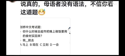 这张图展示了一道剑桥中文考试题，内容是询问买食材的时间，要求选择“马上”“现在”“立刻”“一会”填空。配文表示母语者面对这类语法选择题都会感到懵逼，十分搞笑。

图片吐槽了汉语中的一些表达在不同语境下均能通用，语法题的精细区分让母语者也觉得难以抉择。

没有明显双关，但有调侃母语语感和考试套路的意味。