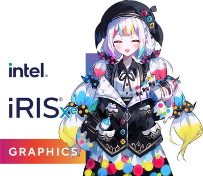这是英特尔为旗下锐炬（iRIS Xe）核显打造的二次元拟人宣传图，图中是一位充满艺术感的二次元少女，发色带有多彩挑染，身着点缀着画笔、颜料容器等美术元素的服饰，手持喷漆罐，整体风格活泼鲜艳，呼应了显卡在图形创作、色彩表现上的核心能力。画面左侧清晰展示intel品牌标识与iRIS Xe GRAPHICS的产品标识，直观传递产品信息。