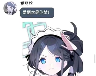 这是一张结合模拟聊天记录与动漫角色表情包的搞笑梗图。上方是名为“爱丽丝”的聊天账号发送的嚣张消息“爱丽丝是你爹！”，下方是游戏《蔚蓝档案》中的角色爱丽丝，她皱着眉头，表情气鼓鼓的，一只手举在头侧，看起来傲娇又带着点小脾气，和上方的嚣张发言形成强烈的反差萌，通过这种反差感制造出搞笑的效果，十分适合用来整活玩梗。