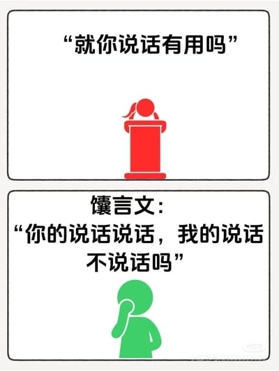 这是一张上下分栏的带边框卡通梗图，上半部分是红色卡通人物站在讲台后，配文「就你说话有用吗」，模拟质疑他人发言的日常场景；下半部分是绿色卡通人物摸头的形象，用网络流行的「馕言文」风格改写原句为「你的说话说话，我的说话不说话吗」，通过重复「说话」的语序混乱式表达，模仿无厘头的怼人话术，制造滑稽搞笑的效果，调侃原句的质疑语气。