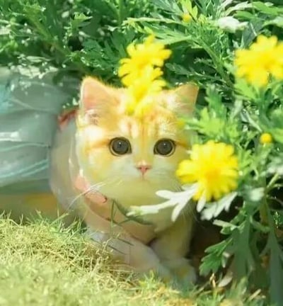 一只黄色的橘猫趴在绿色的草丛和黄色的花朵之间，它有着圆溜溜的大眼睛，正直勾勾地凝视着镜头，表情呆萌可爱。周围的绿色植物和黄色花朵为画面增添了自然清新的氛围，整体给人一种治愈、温馨的感觉。