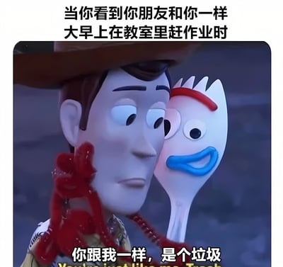 该梗图使用《玩具总动员4》中的角色胡迪和叉叉，幽默展现学生日常场景：当你发现朋友和自己一样大清早在教室赶作业时的状态。画面中胡迪表情无奈，叉叉则带着得意的笑容依偎在他肩上，上方文字交代场景“当你看到你朋友和你一样大早上在教室里赶作业时”，下方文字“你跟我一样，是个垃圾”（配英文翻译“You're just like me, Trash”）以自嘲方式表达学生群体对共同拖延赶作业经历的共鸣。