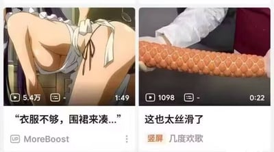 图片展示了两张并排的视频缩略图，左侧是一位穿着女仆装的动漫女性角色，姿势较为性感，配有文字“衣服不够，围裙来凑...”，视频播放量5.4万，时长1:49。右侧是一只手拿着一个表面有纹理的橙色物体，配有文字“这也太丝滑了”，视频播放量1098，时长0:22。两张缩略图下方均有上传者信息。