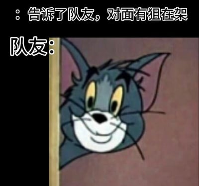 这是一张改编自动画《猫和老鼠》的游戏吐槽梗图，精准还原了射击游戏里的无奈场景：当玩家提醒队友对面有狙击手在架枪时，队友却露出汤姆猫这种狡黠又欠揍的坏笑表情，暗示队友接下来大概率会做出莽冲等迷惑操作，戳中了玩家遇到不靠谱队友时的无语心情。
