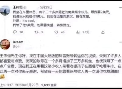 这张图片是两张社交媒体截图的拼接，上方是用户王伟恒发布的动态，讲述自己作为睡在车里的流浪汉，在休息时被一个二十多岁的南美裔小伙索要2美元，他只能给出1美元，对方回应“it's cool”但拿到钱后失望离开的落魄经历；下方是用户Dream发布的帖子，称自己在中国大陆版抖音账号转载王伟恒的视频，一个多月涨粉三万并赚了广告费，正用这笔钱带着老婆孩子在西餐厅吃牛排，向王伟恒表达感谢并承诺以后请他吃甜甜圈。两张帖子的内容形成了强烈反差，一边是内容创作者的落魄生活，一边是他人靠其内容获利的惬意生活，凸显了网络内容传播中的一种现实反差。
