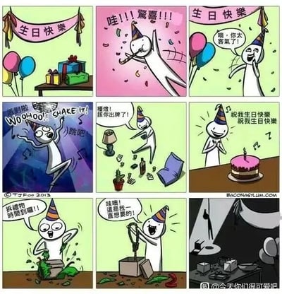 这是一幅九宫格形式的连环卡通漫画，讲述了一个充满暗黑幽默的生日故事：第一格展示了布置好的生日场景，有“生日快樂”横幅、礼物盒和气球；第二格戴生日帽的卡通小人惊喜欢呼；第三格小人开心地表示感谢；第四格小人在动感的氛围中跳舞狂欢；第五格小人情绪激动地掀翻桌子，喊着“烂烂！该你出牌了！”；第六格小人对着插着蜡烛的生日蛋糕唱生日歌；第七格小人兴奋地喊着要拆礼物；第八格小人打开礼物看到一根绳子，惊喜地表示这是自己一直想要的；第九格则是故事的暗黑结局，小人用这根绳子上吊自尽，画面昏暗，礼物盒散落在地上，形成强烈的反差感，用极端的黑色幽默制造出意外的悲剧效果。