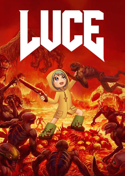 这是一张视觉冲击力极强的插画作品，画面中央是蓝发萌系少女LUCE，她身着黄色连帽雨衣、脚踩沾有污渍的绿色雨靴，手持霰弹枪，另一只手拎着一只怪物的肢体，脸上带着轻松愉悦的笑容。少女身处一片如同地狱般的血色场景中，周围环绕着大量外形狰狞、肢体扭曲的恐怖怪物，背景是暗红的天空与血肉模糊的诡异地貌，画面上方用醒目的白色尖锐字体标注着角色名「LUCE」。萌系少女的可爱形象与地狱怪物的恐怖场景形成了强烈的反差感，营造出独特的猎奇热血氛围，没有双关或谐音梗内容。