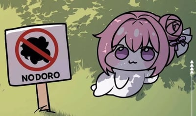 图中展示了二创角色Doro的场景。左侧有一个禁止标识，上面画着黑色剪影并打叉，下方写着'NODORO'。右侧是粉色头发、扎着玫瑰花发饰的Doro，她呆萌地坐在绿色草地上，背景是模糊的树林。整体画面呈现出反差萌的效果，结合了Doro文化中的可爱元素与禁止标识的幽默冲突。