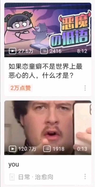 这是一张竖屏的多图拼接梗图，由两个短视频截图组合而成。上方是名为《恶魔の低语》的动画视频截图，视频播放量27.6万，文案为“如果恋童癖不是世界上最恶心的人，什么才是？”，该内容获得2万点赞，画面中的卡通女孩抱着手臂，表情嫌弃，呈现出对恋童癖的厌恶态度；下方是国外知名的“指手机的男人”梗图视频截图，播放量120.7万，画面中的男性表情惊讶，手指向前方，配文“you”。这张图通过上下内容的呼应，用黑色幽默的方式讽刺暗示观看者就是被批判的恋童癖，是网络上用来调侃、讽刺的玩梗内容。