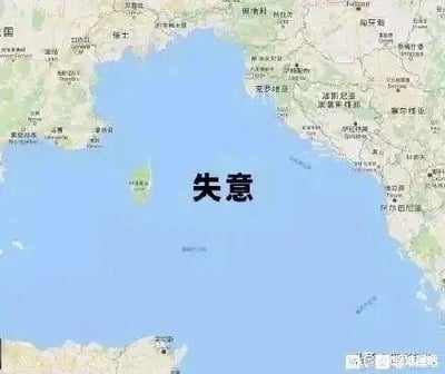 这是一张经过P图改编的静态单图，属于图文混排的文字加注图，画面主体是欧洲南部的地中海区域地图，在原本的地中海海域位置，用醒目的黑色字体标注了“失意”二字。该图利用“地中海”的发音与“失意”相近的特点玩谐音梗，结合意大利半岛地处地中海的地理特征，将地理地图与情绪表达结合，以趣味化的方式传达低落、失意的负面情绪，是一种创意化的网络情绪梗图。
