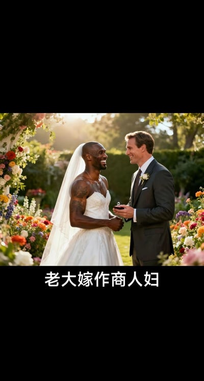 图片展示了一个户外婚礼场景，阳光透过树叶洒下，花拱上装饰着五颜六色的鲜花。一位穿着白色婚纱的人士与一位西装革履的男士相对而立，男士正递上戒指，两人面带微笑。图片底部配有文字“老大嫁作商人妇”，形成幽默的反差效果，可能用于调侃或搞笑场景。