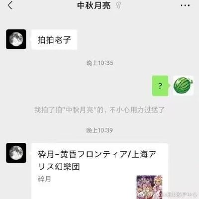这是一段微信聊天记录截图，用户「中秋月亮」先发消息「拍拍老子」，另一西瓜头像的用户使用微信拍一拍功能回复「我拍了拍"中秋月亮"的，不小心用力过猛了」，随后「中秋月亮」发送了包含日文的文字「碎月-黄昏フロンティア/上海アリス幻樂団」和「碎月」，并附带一张东方Project相关的角色图片。
梗点说明：利用微信拍一拍的互动形式，将「拍碎月亮」和东方Project的经典曲目《碎月》形成谐音关联，制造出趣味十足的聊天效果。