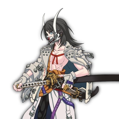 这是一幅原创二次元风格插画，画面主体是一位融合了日式武士与现代机能风的战斗角色：角色留着黑色中长发，头戴带有白色尖角的鬼面金属面具，仅露出一只浅蓝色的眼睛，神情冷峻。身着敞开的白色铆钉装饰机能外套，内搭仅以红色系带固定，露出线条硬朗的上半身；腰间佩戴两把日式刀剑，一手扶着长刀刀柄，姿态干练，充满战斗感。背景为纯白色，将角色的飒爽形象完全凸显，整体设计兼具传统武士的霸气与现代潮流的机能感。