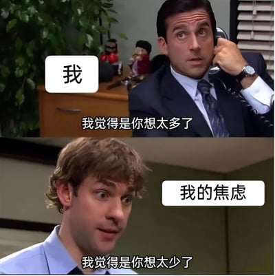 这是一张来自《办公室》(美国版)的双格对比梗图。上图中迈克尔·斯科特正在打电话，配文'我'和'我觉得是你想太多了'；下图中吉姆·哈尔伯特表情惊讶，配文'我的焦虑'和'我觉得是你想太少了'。图片通过两个角色的对话对比，幽默地表现了自我与焦虑之间的矛盾心理状态。