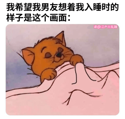 这是一张表达恋爱中女生期望的梗图。上方文字写着"我希望我男友想着我入睡时的样子是这个画面："，下方是一只橘色卡通小猫安详地睡在粉色被窝里的可爱形象，猫咪闭着眼睛，嘴角微微上扬，露出满足的表情，整体营造出温馨甜蜜的氛围。