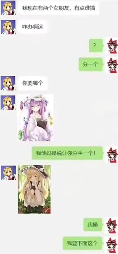 这是一张模拟聊天记录的搞笑梗图，左侧金发头像用户苦恼地表示自己有两个女朋友难以处理，右侧红白衣头像用户起初回复“分一个”，被误解为“想要哪个女朋友”。随后金发用户发送两张动漫女孩图片（紫色长发手持书本、金发戴帽站在户外），红白衣用户愤怒澄清“是让你分手一个”，最后却改口“我要下面这个”，形成反转笑点。整个对话通过误解制造幽默效果，搭配二次元风格图片增强趣味性。