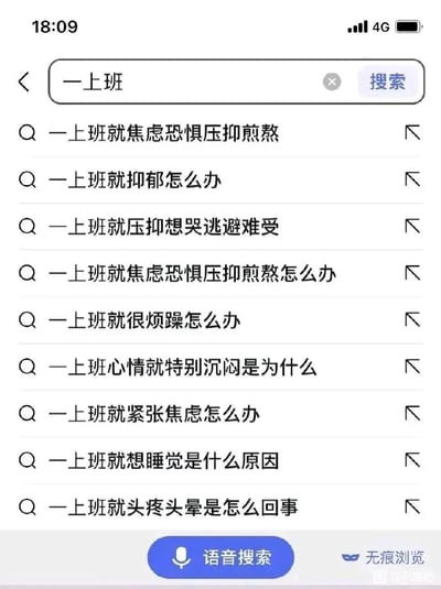 这是一张手机端搜索引擎的截图，搜索框中输入了“一上班”，下方呈现出9条基于用户搜索大数据生成的联想搜索词条，所有词条均围绕上班引发的负面状态展开，涵盖了焦虑、抑郁、烦躁等情绪困扰，以及想睡觉、头疼头晕等身体不适症状，直观反映出当下职场人群普遍面临的职场压力与对上班的抵触情绪，容易引发职场人的共鸣。这些问题的成因大多与职场压力过大、工作内容缺乏兴趣、工作环境压抑、作息不规律等因素有关。针对这类情况，可尝试以下应对方法：1. 调整工作心态，将复杂工作拆解为小任务，逐步完成以降低压迫感；2. 合理规划工作与休息时间，保证充足睡眠，工作间隙适当进行拉伸、远眺等放松活动；3. 若情绪问题长期无法缓解，可与亲友倾诉，或寻求专业心理咨询帮助；4. 若身体不适频繁出现，建议就医检查，同时评估当前工作是否适配自身状态，必要时考虑调整工作节奏或更换工作。