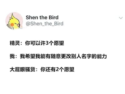 这是一张模拟Twitter风格的社交媒体截图，用户"Shen the Bird"发布了一段幽默对话。内容讲述精灵提出可以实现3个愿望，而"我"许愿获得随意更改别人名字的能力，随后精灵的称呼就被改为极具侮辱性的"大屁眼骚货"并继续提示还剩2个愿望。笑点在于愿望的即时生效和对精灵的调侃式改名。