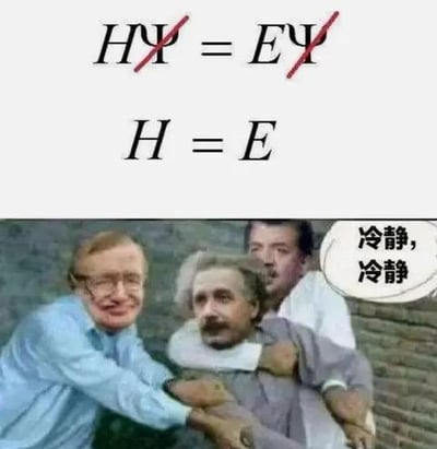 这是一张上下结构的搞笑梗图，上半部分展示了被错误修改的薛定谔方程：原本量子力学中的核心方程为HΨ=EΨ，图中却将等式两边的波函数Ψ划去，写成了完全错误的H=E；下半部分是经过P图创作的画面，斯蒂芬·霍金和另一个人的脸被合成到控制者身上，阿尔伯特·爱因斯坦被两人紧紧控制住，表情愤怒，看起来要暴走，旁边的对白气泡写着‘冷静，冷静’，以此调侃这种对专业物理公式的荒谬篡改，会让物理界的泰斗们情绪失控。