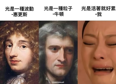 图片由三部分横向拼接而成，每部分上方配有文字说明。左侧为物理学家惠更斯的肖像画，文字标注“光是一種波動 - 惠更斯”；中间为物理学家牛顿的肖像画，文字标注“光是一種粒子 - 牛頓”；右侧为一位闭眼流泪的真人面部特写，文字标注“光是活著就好累 - 我”。通过“光”的双重含义（物理学中的“光”与口语中“仅仅、只是”的“光”）制造谐音梗，将物理学史上光的波粒之争与现代人的生活疲惫感幽默结合，形成强烈反差萌笑点。
