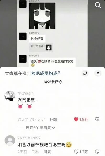这张梗图由两部分组成：上半部分是聊天记录截图，显示用户"最好的爸爸"发送了一张动漫女孩头像，并配上奇怪的描述"舌头👅在眼睛👁️里繁殖的感觉"；下半部分是评论区截图，其中高赞评论"尘埃落定"用"老爸眼里：👅👅"的简单文字和表情，幽默地模仿了家长可能对这种奇怪网络用语的理解方式。整体呈现了网络用语与家长视角的有趣对比。
