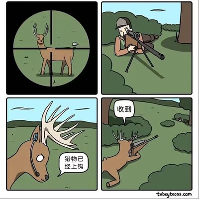 这是一组四格连环卡通漫画，通过身份反转制造搞笑效果：第一格展示猎人的狙击镜视角，一只鹿被瞄准；第二格呈现猎人趴在草丛中，使用带支架的狙击枪专注瞄准前方的鹿；第三格特写这只鹿，它佩戴着通讯耳机，对着麦克风说道“猎物已经上钩”，原来这只鹿是引诱猎人的诱饵；第四格画面转到另一只趴在草丛里的鹿，它手持狙击枪瞄准远处的猎人，回复“收到”，反转了狩猎的主被动关系，让猎人成为了鹿的狩猎目标，荒诞的设定带来强烈的喜剧反差。