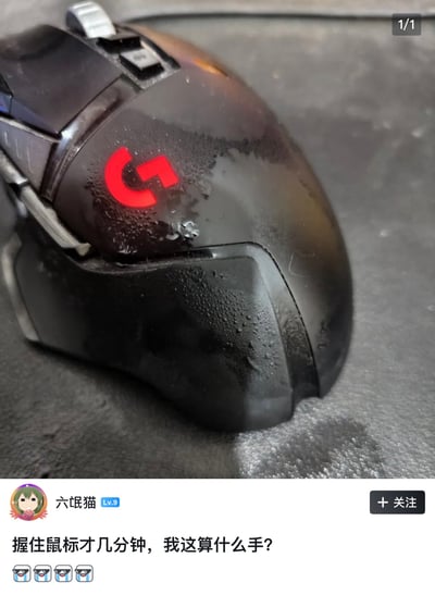 图片展示了一只黑色的Logitech G系列游戏鼠标，表面布满明显的汗水/水珠痕迹，显得湿漉漉的。鼠标的红色G标志清晰可见，整体质感因水渍显得有些狼狈。图片下方是用户“六氓猫”（Lv.9）的评论：“握住鼠标才几分钟，我这算什么手？”并附带四个哭泣表情。

图片运用了双关梗：标题“水手”中的“水”字与鼠标上的汗水相呼应，将“水手”（本指船员）调侃为“手很水”（即手容易出汗），幽默地表达了对手部易出汗问题的无奈。
