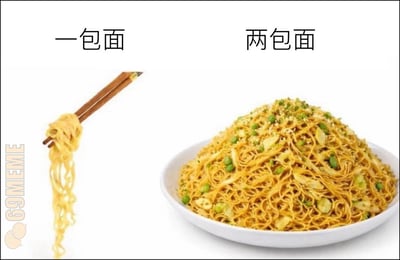 图片左侧展示一双筷子夹起少量面条，上方标注'一包面'；右侧为一大碗堆满的面条，点缀着豌豆和芝麻，上方标注'两包面'。通过夸张的数量对比，幽默呈现两包面相比一包面的巨大差异，突出分量翻倍带来的视觉冲击。