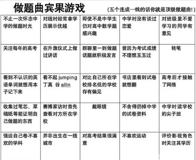 这是一张5×5的做题人主题宾果游戏图，图中设置了25条和中学做题、学霸/做题人相关的行为与特征，涵盖怀念做题时光、收集做题相关物品、对学校排名有偏见等内容，当符合的内容横、竖、斜连成一线时，就会被称为「顶级做题曲」。图中融入了「玉玉」「赛博家访」「卷」等网络热词，还有「jumping丁真 谷allin」这类网络化表述，精准戳中中学时期爱学习、爱「卷」的学生的经历，充满共鸣感，用来调侃和回忆校园做题的时光。