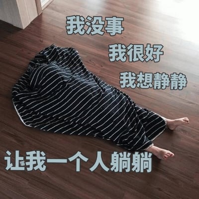 图片中，韩国女童星权律二躺在木质地板上，全身被一条黑白条纹的毯子包裹，只露出两只光着的小脚丫。图片上方和下方分别配有文字“我没事 我很好 我想静静”和“让我一个人躺躺”，通过权律二可爱的形象和直白的文字，幽默地表达了想要独处、安静休息的情绪，是常见的生活化表情包场景。