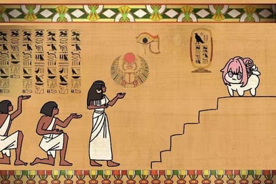 这是一张采用古埃及壁画风格创作的静态单图，画面整体还原了古埃及宗教壁画的色彩、边框装饰与构图逻辑：画面下方有三名古埃及装束的人物，两人跪地一人站立，均做出抬手敬拜的姿态；右侧高台上是Q版化的《原神》角色八重神子，以白色小狗的热门表情包形象呈现，戴着眼镜、留着标志性粉色头发，被当作古埃及神祇接受供奉。背景中还绘制了古埃及经典的荷鲁斯之眼、带有圣甲虫的日盘符号，左侧则排列着古埃及象形文字，将现代游戏角色与严肃的古文明宗教场景结合，通过强烈的风格反差制造搞笑效果。