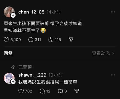 社交媒体截图展示了两条关于生育的有趣帖子。用户"chen_12_05"14小时前发帖表示："原來生小孩下面要被剪 懷孕之後才知道 早知道就不要生了😭"，表达了对分娩时可能需要会阴切开的惊讶和后悔，该帖获得5,100个赞、311条评论和115次转发。

最热门评论来自用户"shawn._.229"，10小时前回复："我老媽說生我跟拉屎一樣簡單"，用幽默方式对比了不同代际对生育难度的认知，获得782个赞、12条评论和3次转发。两条内容形成有趣反差，引发网友共鸣和讨论。