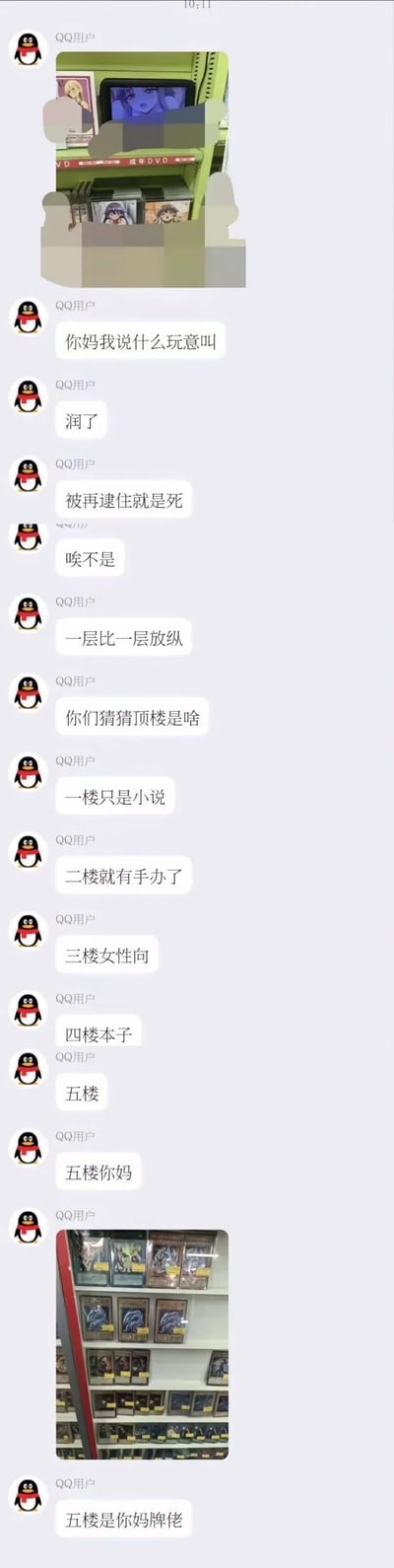 这是一段QQ聊天记录截图，用户先是发布了一张标有“成年DVD”的动漫相关商品货架图，随后用夸张的语气表示要“润了”，接着逐层介绍一家店铺的楼层商品：一楼是小说，二楼是手办，三楼是女性向ACG内容，四楼是同人本子，最后卖关子引出五楼，再放出卡牌货架图，玩梗称“五楼是你妈牌佬”，通过逐层递进的方式制造反差笑点，是ACG爱好者的趣味整活内容。