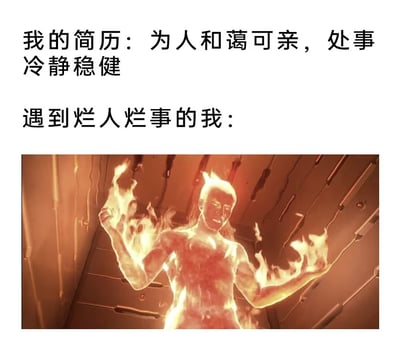 这张梗图通过上下对比的方式，展现了理想与现实的反差。上方文字写着简历中描述的自己：'为人和蔼可亲，处事冷静稳健'，而下方则是一张人物全身燃烧着熊熊火焰的图片，配文'遇到烂人烂事的我：'，用夸张的视觉效果幽默地表达了人们在面对令人气愤的人和事时，无法保持简历中所写的冷静状态的真实反应。