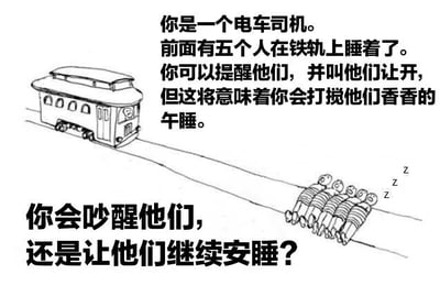 这是一张黑白线稿风格的图文混排梗图。左侧绘制了一辆电车，右侧铁轨上有五个躺着睡觉的人，头顶有“Z”符号表示熟睡。图中文字设定场景：“你是一个电车司机。前面有五个人在铁轨上睡着了。你可以提醒他们，并叫他们让开，但这将意味着你会打搅他们香香的午睡。” 底部提问：“你会吵醒他们，还是让他们继续安睡？” 图片通过将经典的“电车难题”伦理困境转化为“是否打扰午睡”的幽默场景，制造反差笑点。