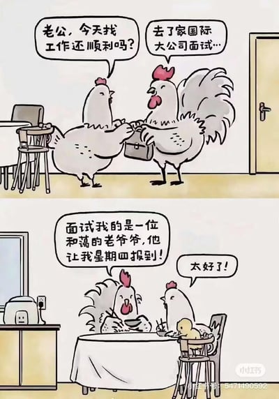 这是一幅上下分栏的连环拟人漫画，描绘了鸡家庭的日常：
1. 上栏：鸡太太迎接下班的鸡先生，关切询问他的求职情况，鸡先生表示去了一家国际大公司面试。
2. 下栏：鸡先生坐在餐桌前，开心地告诉鸡太太，面试官是一位和蔼的老爷爷，让他周四报到，鸡太太十分开心，旁边还有小鸡坐在儿童餐椅上。

**梗点解析**：这里的“和蔼的老爷爷”暗指肯德基的山德士上校，而肯德基的核心产品是炸鸡，鸡去肯德基报到，实际上是送上门成为食材，属于细思极恐的黑色幽默，用拟人的方式制造荒诞的反差感。