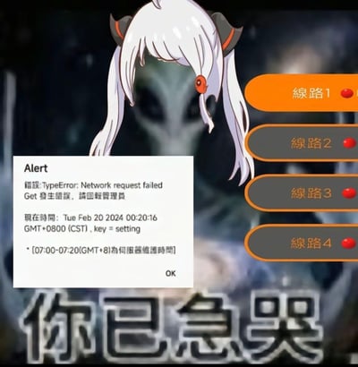 图片中展示了一个动漫风格的角色，有着白色长发、红色眼睛和角，表情悲伤沮丧。角色旁边有一个错误提示框，显示"Alert: TypeError: Network request failed"和"Get 发生错误，请回转管理员"，并包含时间戳"Tue Feb 20 2024 00:20:16 GMT+0800 (CST)"以及服务器维护时间信息。右侧有四个线路状态指示器，其中只有"线路1"为橙色活跃状态，其他三个为灰色。底部有大字"你已急哭"，表达因网络错误而感到极度沮丧的情绪。
