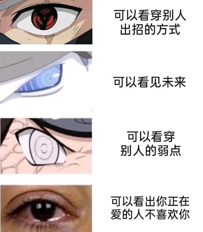 这是一张对比火影忍者特殊眼睛能力与现实的搞笑梗图。图片分为四个部分，前三部分展示了火影忍者中的三种血继限界眼睛及其能力：写轮眼可以看穿别人出招的方式，白眼可以看见未来，轮回眼可以看穿别人的弱点。最后一部分则是一张真实人类眼睛的照片，配文'可以看出你正在爱的人不喜欢你'，形成强烈反差，制造幽默效果。