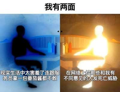 这是一张左右对比图，左侧以蓝色调为主，画面中是一个深色剪影人物坐在桌前，配文“现实生活中太害羞了连跟服务员拿一包番茄酱都不敢”，展现了现实中极度腼腆的状态；右侧以暖色调为主，画面中是一个明亮发光的剪影人物同样坐在桌前，配文“在网络上给那些和我有不同意见的人发死亡威胁”，形成鲜明对比，讽刺了部分人在现实与网络中截然不同的行为表现。