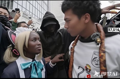 这是一张AI生成的虚构街头场景图，画面中心是一位穿着女仆装、戴着猫耳造型金发双马尾假发的黑人少女，搭配蓝绿色领结，正仰头专注看向面前的男性；男性脖子挂着类似长香肠的装饰，凑近少女似乎要互动。周围有几位路人，有的举着手机拍照，有的手指指向两人，背景是现代玻璃建筑，整体氛围热闹又充满戏剧性，呈现出一种荒诞有趣的街头互动画面。