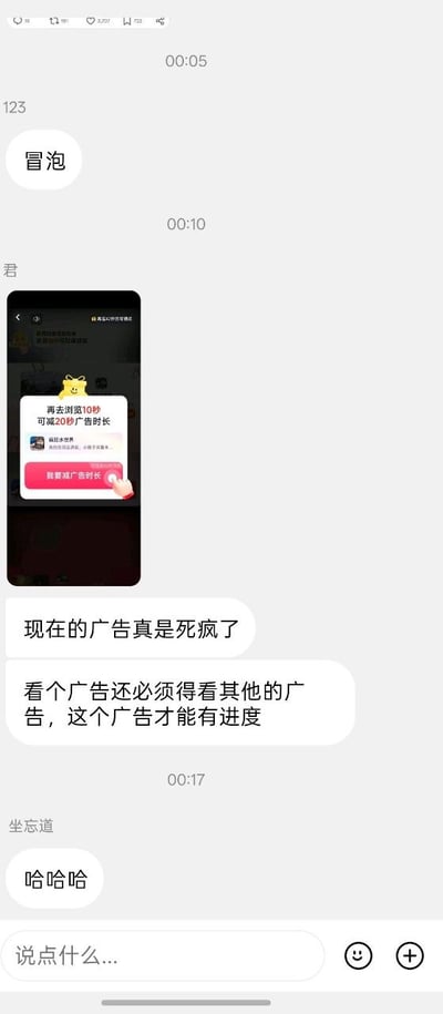 这是一张竖版的手机端聊天界面截图，整体为浅灰色背景的聊天UI：00:05时用户123发送内容为“冒泡”的消息；00:10时备注为“君”的用户发送了一张手机APP界面截图，截图中弹出的提示框显示“再去浏览10秒 可减20秒广告时长”，下方有红色的“我要减广告时长”按钮，提示用户需要额外跳转浏览内容才能减少当前的广告时长；随后“君”连续发送两条消息吐槽，称“现在的广告真是死疯了”、“看个广告还必须得看其他的广告，这个广告才能有进度”；00:17时备注为“坐忘道”的用户回复“哈哈哈”，界面底部还有显示“说点什么...”的聊天输入框。