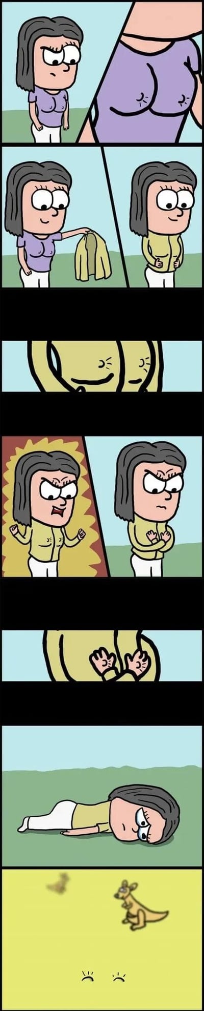 这是一组连环冷幽默漫画，共8格：1. 第一格：一位穿紫色上衣的女士，看到自己上衣领口走光露出胸部，面露不悦；2. 第二格：女士拿出一件黄色外套穿上，穿好后露出满意的表情；3. 第三格：以黄色外套的拟人视角呈现，外套带着开心的笑脸；4. 第四格：女士突然变得愤怒，双臂抱在胸前，外套视角里能看到她放在胸前的手；5. 第五格：外套视角中出现两只手，像是在推开什么；6. 第六格：女士趴在地上，眼神呆滞，一脸茫然；7. 第七格：切换到外套的视角，原来这件‘外套’其实是袋鼠的育儿袋，一只袋鼠正带着小袋鼠跑开，留下女士倒地。整个故事以反转的方式制造笑点，将袋鼠育儿袋伪装成外套，让女士的遭遇充满荒诞感。