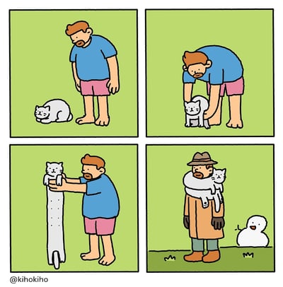 这是一组充满荒诞冷幽默的四格连环卡通漫画：第一格中，穿着蓝色T恤与粉色短裤的赤脚男子，注视着地面上蜷缩成一团的白猫；第二格男子弯腰将白猫扶起身；第三格男子双手将白猫拉开，展现出白猫的身体实际是长长的、带有斑点的围巾状布料，末端还有类似雪人的底座结构；第四格场景切换到户外，男子身着厚外套、戴着帽子手套，将这条“猫围巾”围在脖子上，白猫的头部与四肢搭在男子肩头，而一旁的雪人正是第一格中白猫蜷缩的身体部分，整体通过视觉错觉与脑洞设定制造出反转笑点。