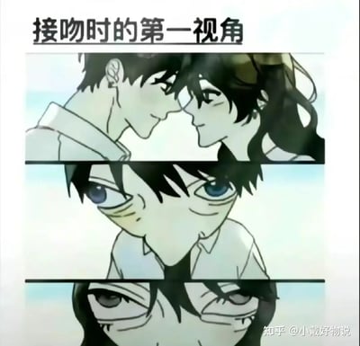 这是一张以搞笑手法展现“接吻时第一视角”的梗图。漫画风格的画面分为三格，描述了恋人接吻时的场景。前两格是侧脸准备接吻，后两格夸张化表现了贴近时的视觉效果：人物五官被拉伸、放大、变形，尤其是鼻子和嘴巴，暗示彼此距离过近反而显得滑稽和崩溃。整图以强烈变形和幽默夸张的方式，吐槽了现实情侣贴脸接吻时看到对方特写的真实（甚至有点吓人）体验。整体氛围轻松、搞笑，具有明显的视觉双关意图，玩味地夸大生活真实。