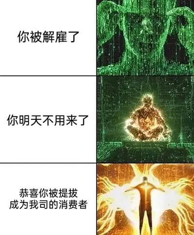 这是一张由三格图文组合而成的搞笑梗图，每格左侧为公司对员工的话术，右侧搭配《黑客帝国》系列电影中的对应场景画面，形成强烈的反差幽默。第一格“你被解雇了”对应矩阵代码构成的绿色虚拟人脸，传递出解雇的冰冷感；第二格“你明天不用来了”对应盘腿打坐的发光觉醒者人形，暗示员工脱离职场的“觉醒”；第三格“恭喜你被提拔成为我司的消费者”则以反讽的语气，将被解雇的员工定义为公司的消费者，搭配完全升华的金色人形画面，用科幻场景的升级感放大这种职场反向“晋升”的荒诞感，精准调侃了职场裁员的现实，引发职场群体的共鸣。